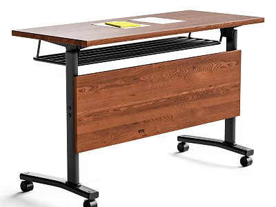 Wooden Desk With Black Metal Frame Lower Wire Shelf And Rolling Wheels 3d model