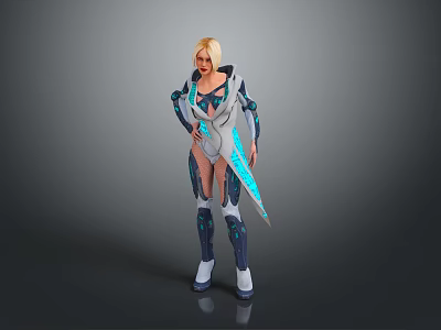 Futuristic Female Character in Tech Armor Suit with Blue White Gray Design and Mechanical Accents 3d model