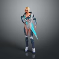 Futuristic Female Character in Tech Armor Suit with Blue White Gray Design and Mechanical Accents