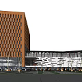 Modern Office Building With Orange Grid Facade White Exterior And Surrounding Trees Lawn