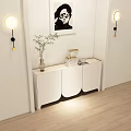 Modern Minimalist Entryway Interior With White Console Cabinet Wall Art And Sconce Lights