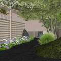 Garden Landscape Design With Perforated Stone Wall Pathway Lush Green Plants And Purple White Flowers