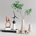 Decorative Ornament Set With Abstract Sculptures Ceramic Vases Green Plants Books And Spools