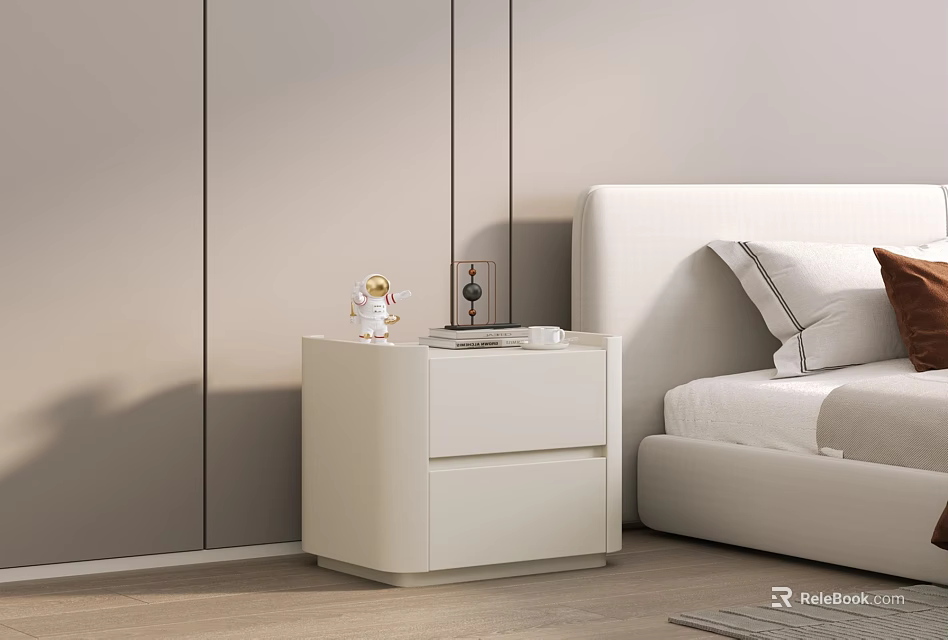 Modern White Nightstand In Bedroom With Bed And Small Decorative Figurine 3d model 