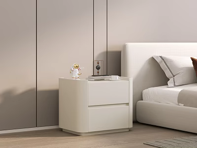 Modern White Nightstand In Bedroom With Bed And Small Decorative Figurine 3d model