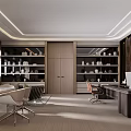 Modern Office Interior Design With Dark Wood Paneling Gray Walls And Leather Furniture
