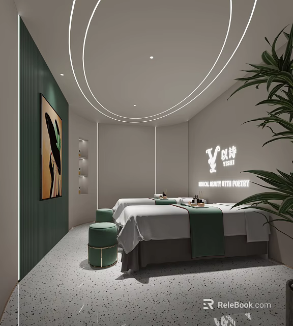 Modern Meige Beauty Hair Salon With Curved Lighting Green Decor And Massage Beds 3d model 