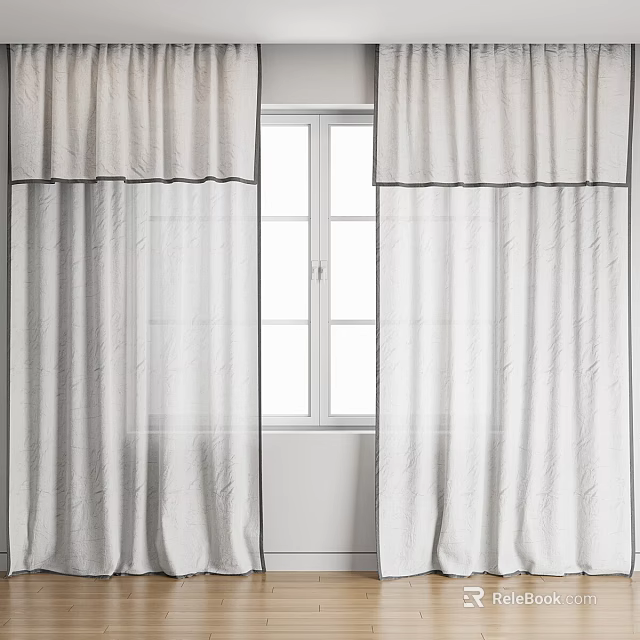 Elegant White Layered Curtains With Valance For Modern Window Interior Design 3d model
