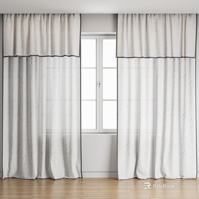 Elegant White Layered Curtains With Valance For Modern Window Interior Design 3d model 