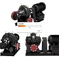 Industrial Pumps Three Different Angles With Black Design Red Flanges And Motor Components