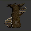 Unique Wooden Sculpture With Tree Stump Base And Curved Staircase Design