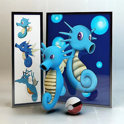 Blue Seahorse Plush Toys With Different Patterns And Pokeball On Blue Bubble Background 3d model