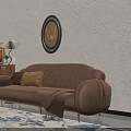 Modern Wooden Console Table with Drawers Shelves Floor Lamp Green Plant and Decorative Painting