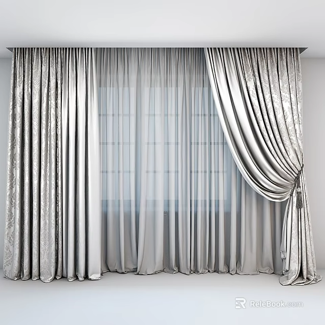 Elegant Silver Grey Velvet Curtains With Pleated Drapes And Sheer Window Panels 3d model 