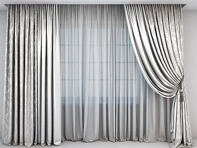 Elegant Silver Grey Velvet Curtains With Pleated Drapes And Sheer Window Panels 3d model