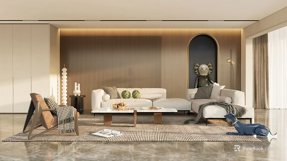 Modern Living Room Interior Design With White L shaped Sofa Wooden Accent Wall And Arched Decor 3d model 