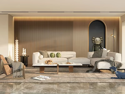 Modern Living Room Interior Design With White L shaped Sofa Wooden Accent Wall And Arched Decor 3d model