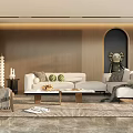 Modern Living Room Interior Design With White L shaped Sofa Wooden Accent Wall And Arched Decor