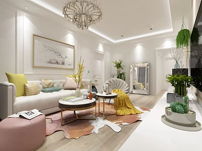 Modern Round Marble Top Coffee Table Set For Bright Cozy Pastel Style Living Room 3d model