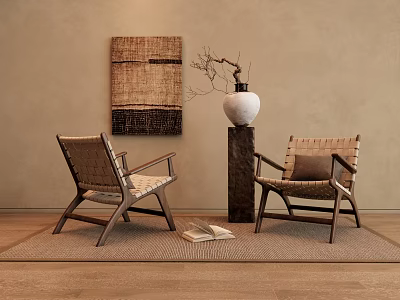 Accent Chairs With Wooden Frame Woven Details In Interior With Decorative Painting Vase And Rug 3d model