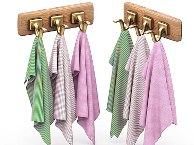 Wooden Wall Mounted Hook Racks with Gold Hooks and Colorful Towels 3d model