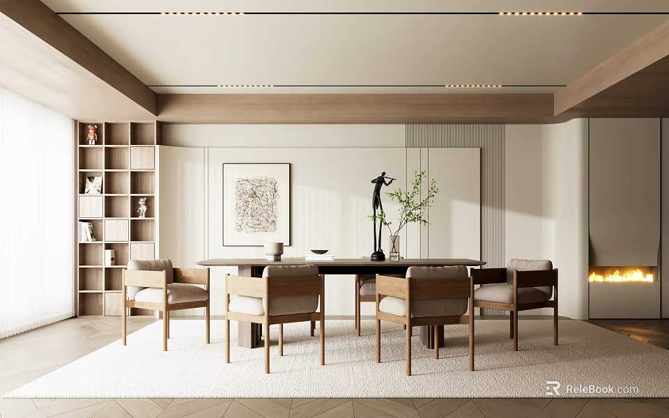 Elegant Modern Restaurant Interior Featuring Dining Table Chairs Bookshelf Artwork And Fireplace 3d model