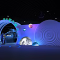 Cosmic Exhibition Hall With Gravitational Wave Theme Arched Entrance And Planet Models