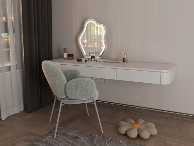 Modern White Dressing Table With Cloud Shaped Mirror And Light Green Upholstered Chair 3d model