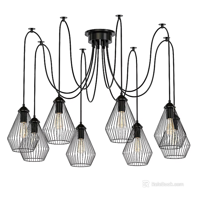 Elegant Black Metal Wire Cage Chandelier With Multiple Bulbs Modern Design 3d model 