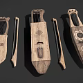 Handcrafted Wooden String Instruments With Intricate Carved Designs And Vintage Accessories