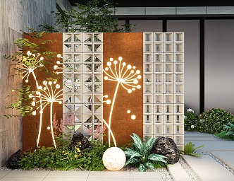 Courtyard landscape wall weathering steel hollow brick landscape wall landscape fence screen partition 3d model