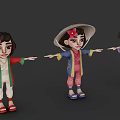 Three Cartoon Game And Movie Girl Characters In Different Colored Traditional Outfits With Hats