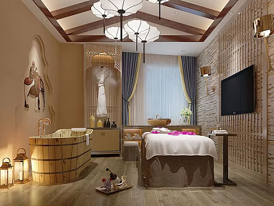 Spa Sauna Relaxing Interior With Wooden Bathtub Massage Bed And Decorative Lanterns 3d model