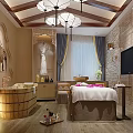 Spa Sauna Relaxing Interior With Wooden Bathtub Massage Bed And Decorative Lanterns
