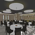 Modern Restaurant Interior With White Tablecloths Black Chairs Wooden Walls And Hanging Lanterns
