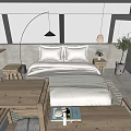 Modern Minimalist Hotel Guest Room With Comfortable Bed Wooden Furniture And String Lights