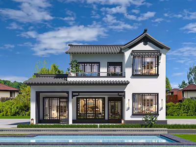 Modern Chinese Detached Villa Two Story Tile Roof White Walls With Swimming Pool And Greenery 3d model