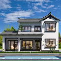 Modern Chinese Detached Villa Two Story Tile Roof White Walls With Swimming Pool And Greenery