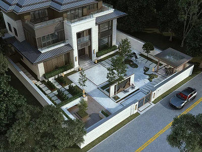 Chinese Style Courtyard Garden with Modern Architecture Traditional Roof Green Plants and Stone Pathway 3d model