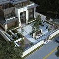 Chinese Style Courtyard Garden with Modern Architecture Traditional Roof Green Plants and Stone Pathway