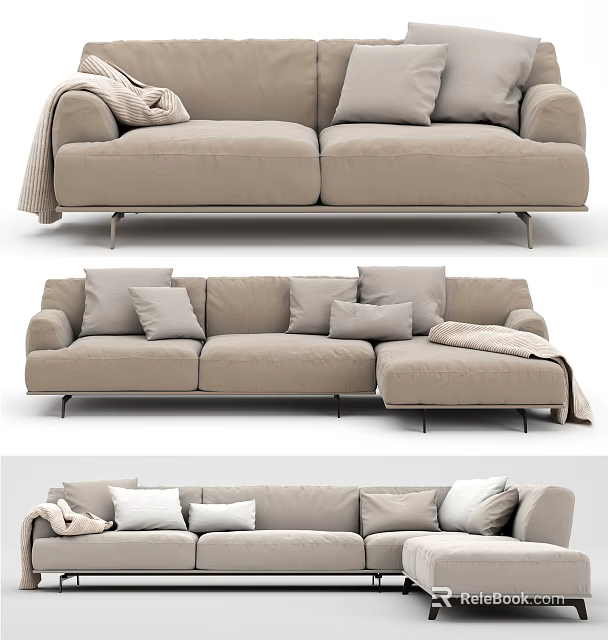 Beige Sectional Sofa With Plush Pillows Cozy Blanket And Metal Legs In Modern Living Room 3d model 