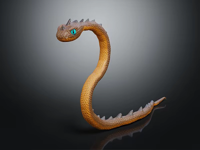 Orange Snake With Blue Eyes Scales And Spiked Back On Black Background With Reflection 3d model