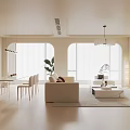 Modern Living and Dining Room Interior With Beige Sofa Dining Table Chairs Pendant Lights and Plants