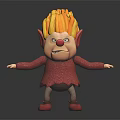 Angry Elf Character With Yellow Hair Red Outfit Standing Pose
