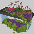 Decorative Floral Installation With Green Purple Moss Pink Flowers On Black Platform And Blue Supports