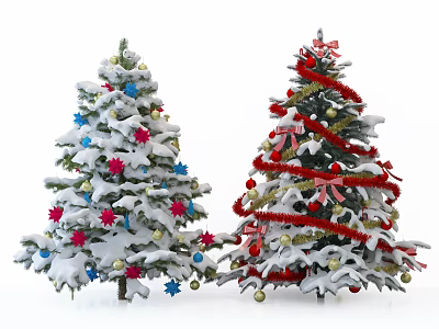Festively Decorated Christmas Trees With Snow Colorful Stars Tinsel Bows And Ornaments 3d model