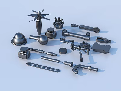 Assorted Metal Parts With Various Shapes Including Blades Hands And Mechanical Tools 3d model