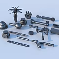 Assorted Metal Parts With Various Shapes Including Blades Hands And Mechanical Tools