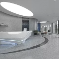 Hi Tech Modern Exhibition Hall With Curved Platforms Large Screen Glass Cases And Blue Lighting