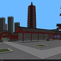 Ancient Chinese Architecture Complex With Red Walls Black Roofs Tall Pagoda And Open Stone Square